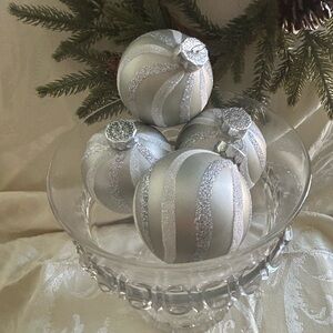 Vintage Glass silver and white Christmas Ornaments commodore classics EUC Rauch